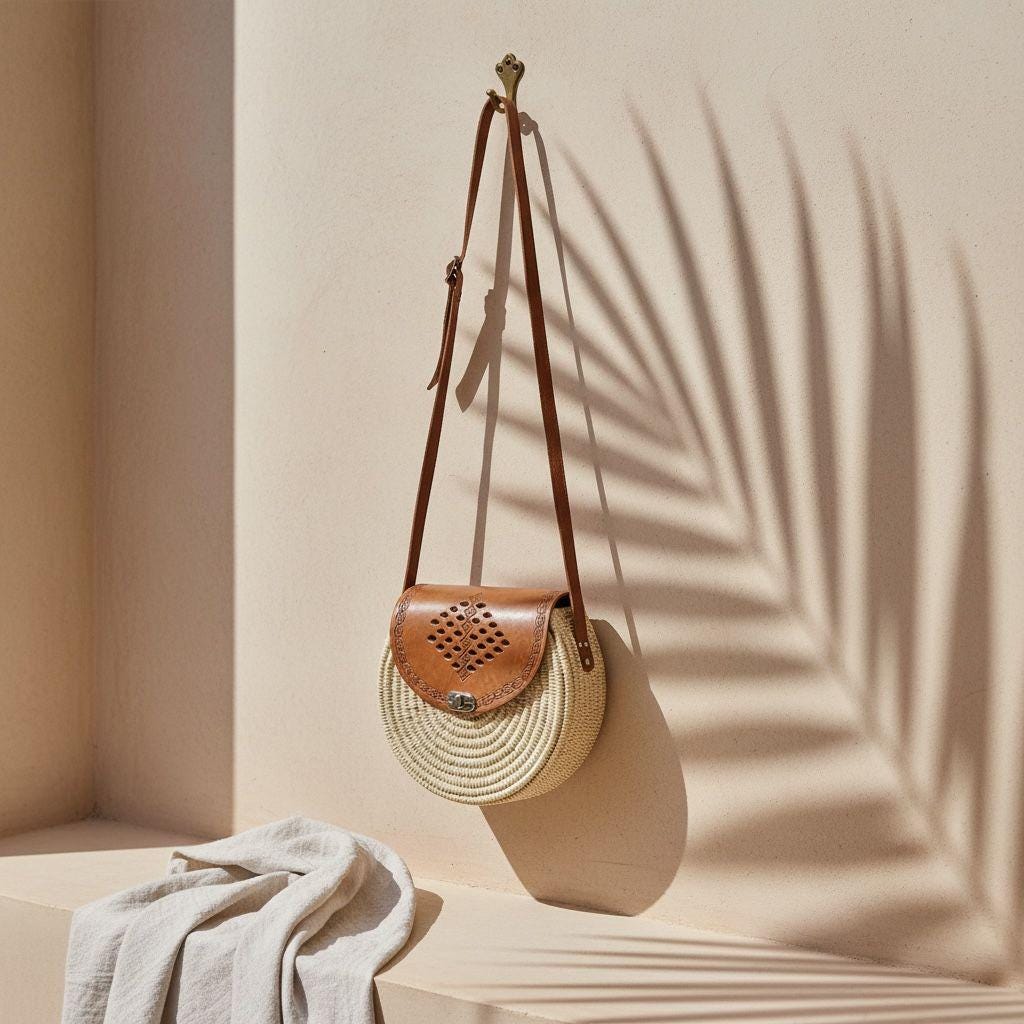 Handmade Moroccan Raffia Circle Bag – Leather Crossbody Satchel