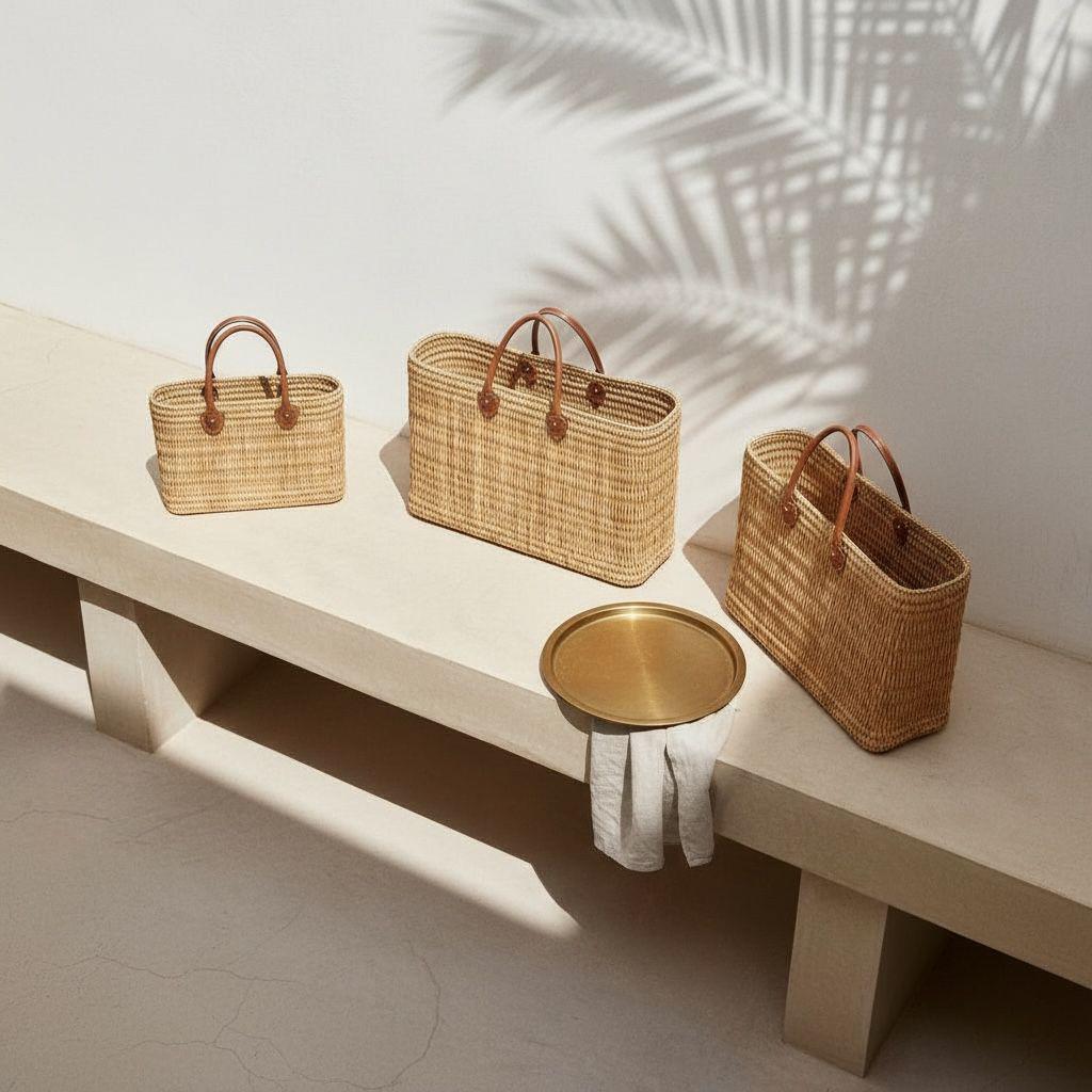 Handmade Moroccan Raffia Tote – Boho Beach Bag with Leather Handles