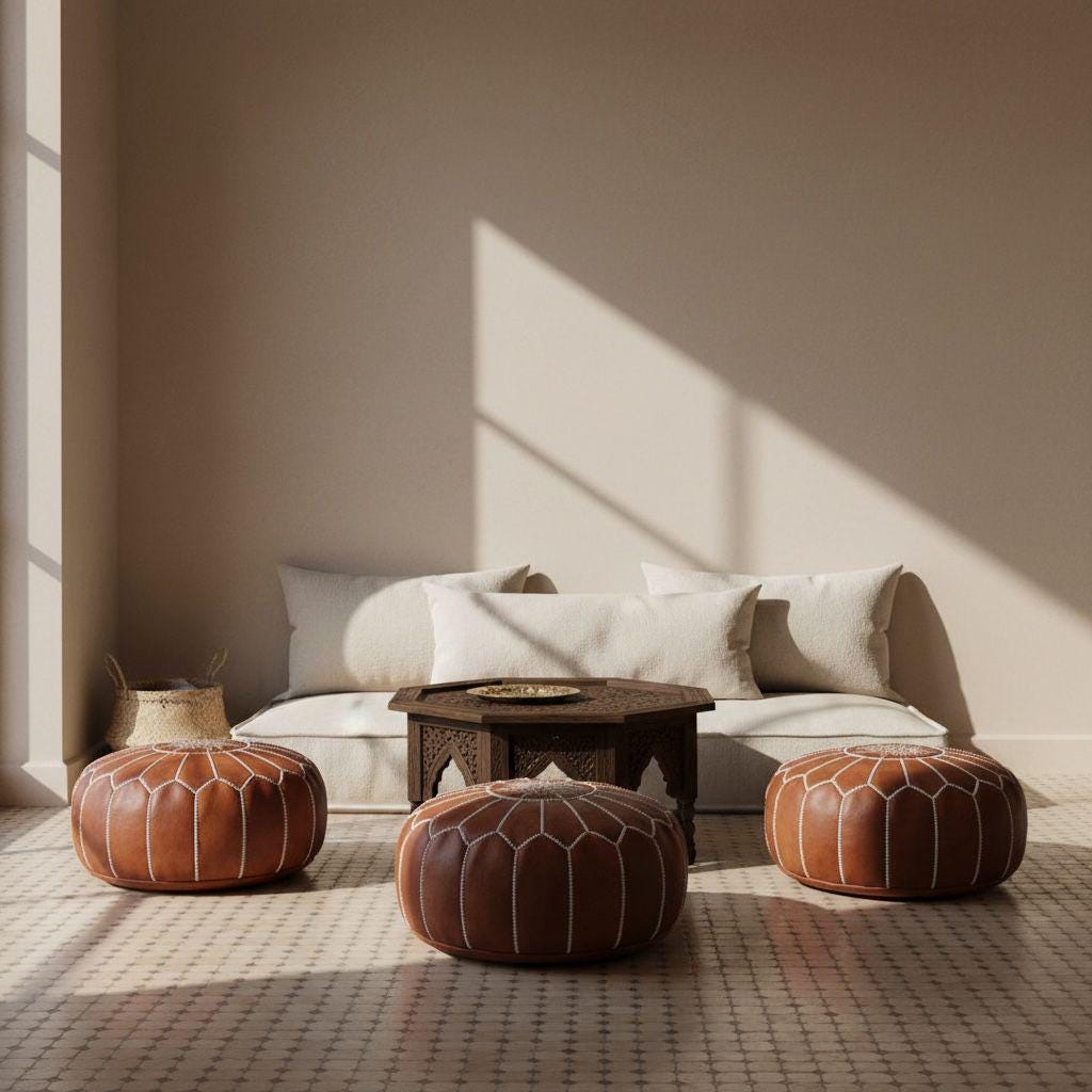 Moroccan Leather Pouf – Round Tan Brown Ottoman, Handmade Leather Floor Cushion, Boho Home Decor