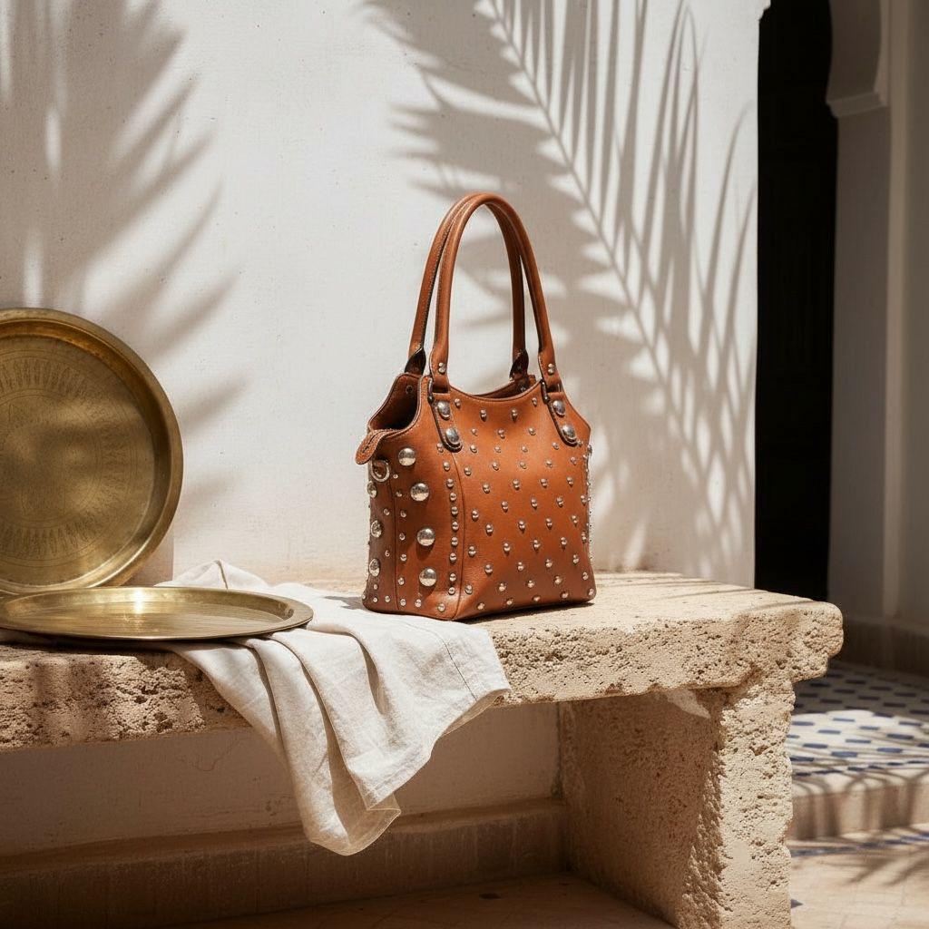Handmade Moroccan Leather Tote – Brown Studded Boho Bag