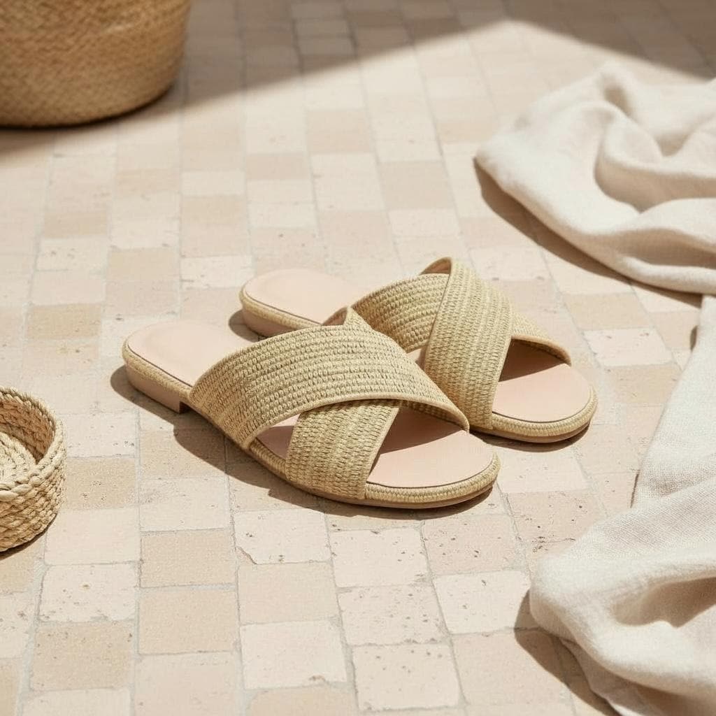 Handmade Raffia Slide Sandals, Boho Beach Footwear