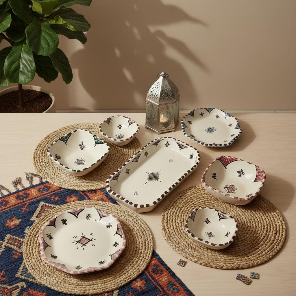 Handmade Moroccan Ceramic Serving Set – 7 Piece Berber Tableware Set, Hand-Painted Plates & Bowls
