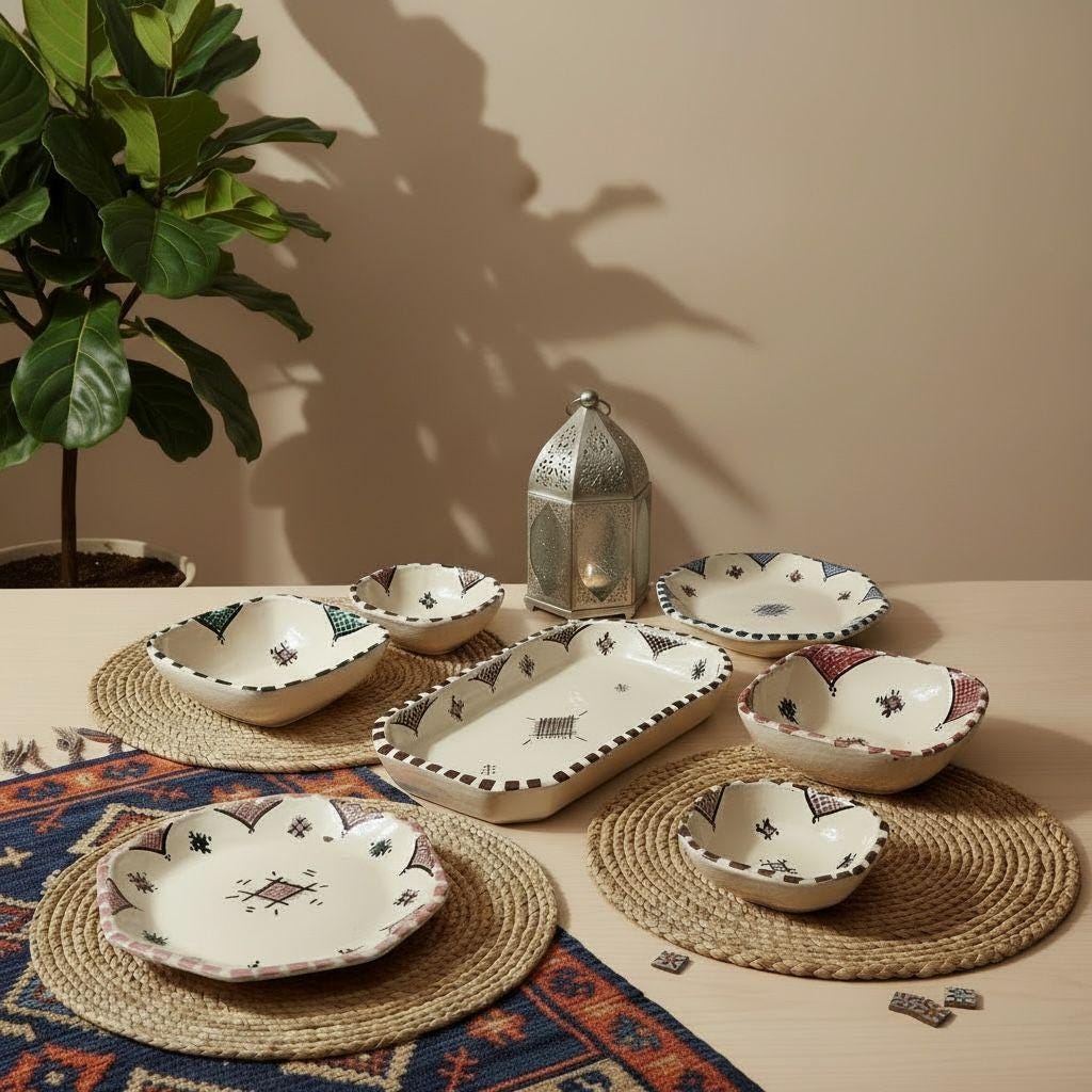 Handmade Moroccan Ceramic Serving Set – 7 Piece Berber Tableware Set, Hand-Painted Plates & Bowls