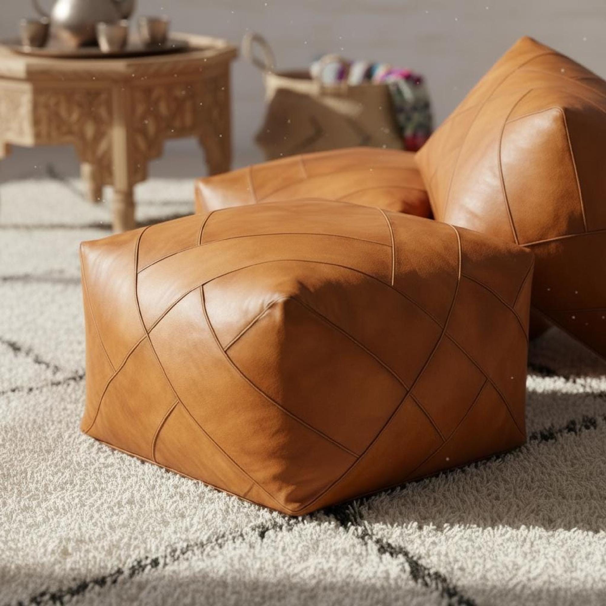 Leather Pouf Square Brown Moroccan Floor Cushion