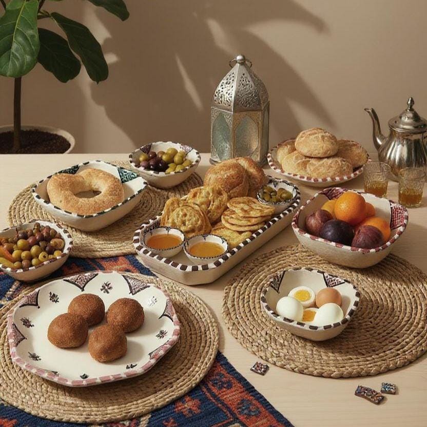 Handmade Moroccan Ceramic Serving Set – 7 Piece Berber Tableware Set, Hand-Painted Plates & Bowls
