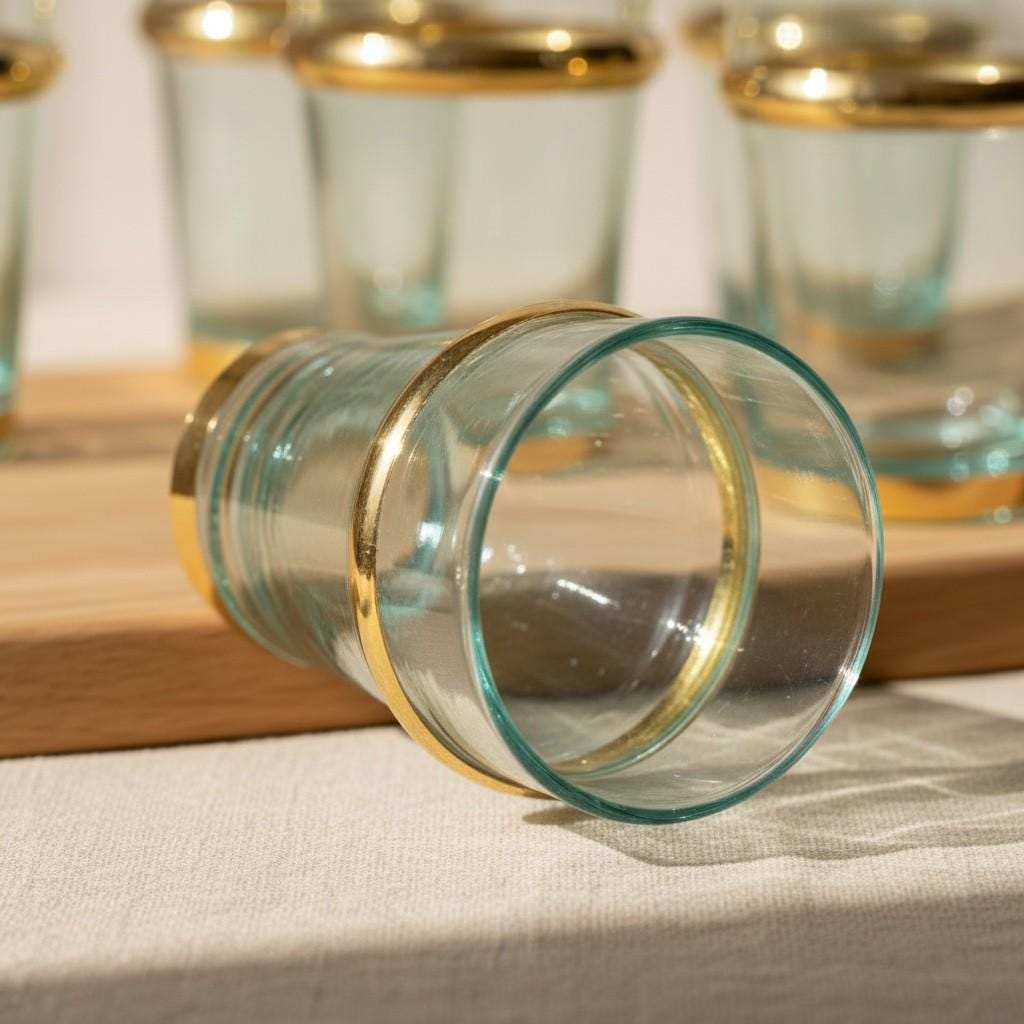 Set of 6 Handmade Moroccan Tea Glasses – Gold Rim Beldi Set