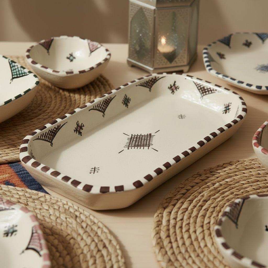 Handmade Moroccan Ceramic Serving Set – 7 Piece Berber Tableware Set, Hand-Painted Plates & Bowls