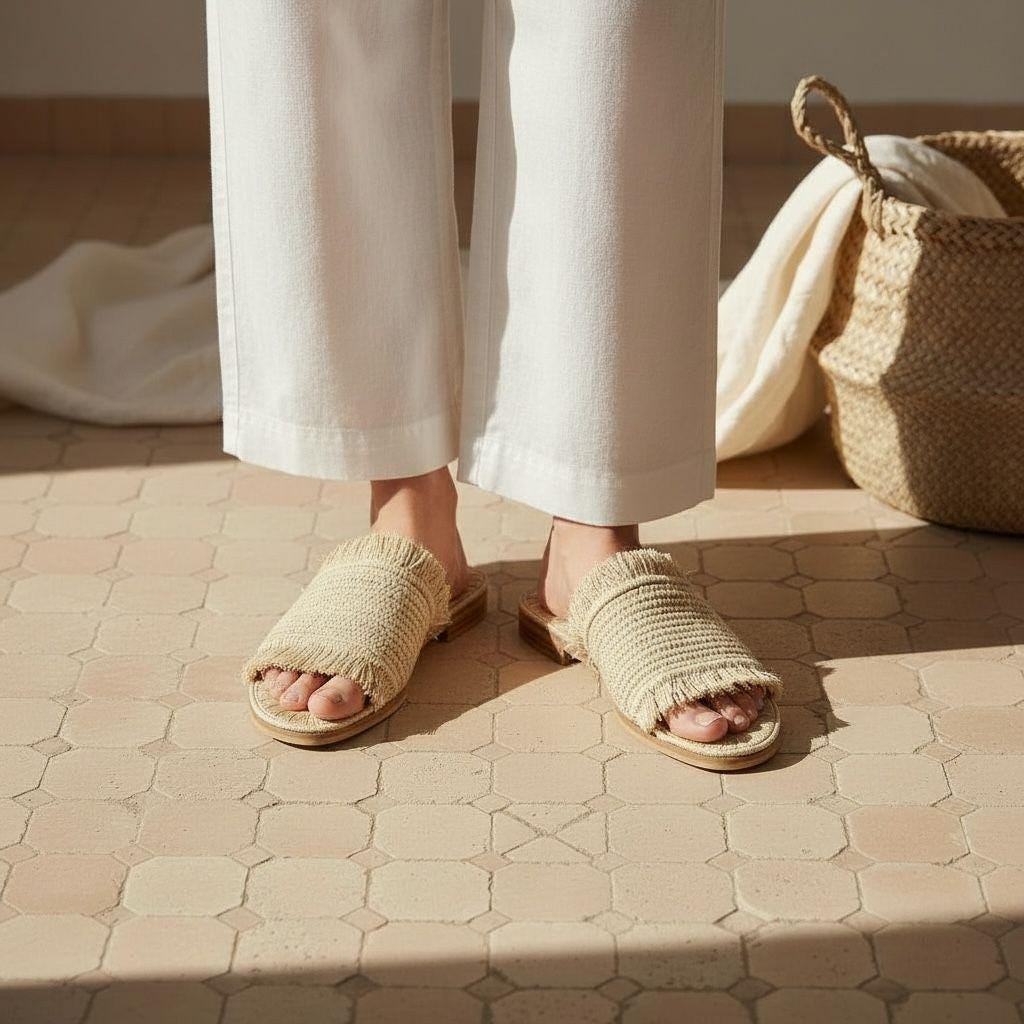 Handmade Raffia Slide Sandals, Boho Beach Footwear