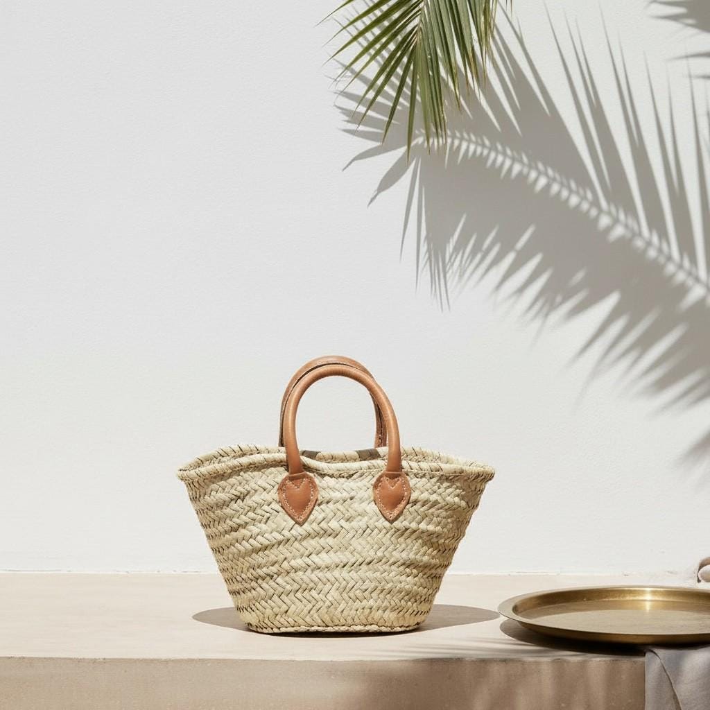 Handmade Moroccan Straw Tote – Raffia Beach Bag with Leather Handles