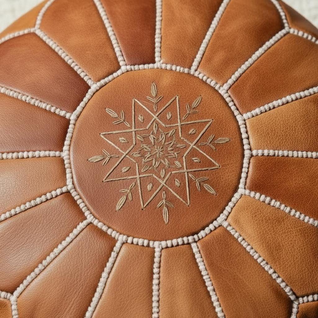 Handmade Moroccan Pouf Leather Ottoman Tan