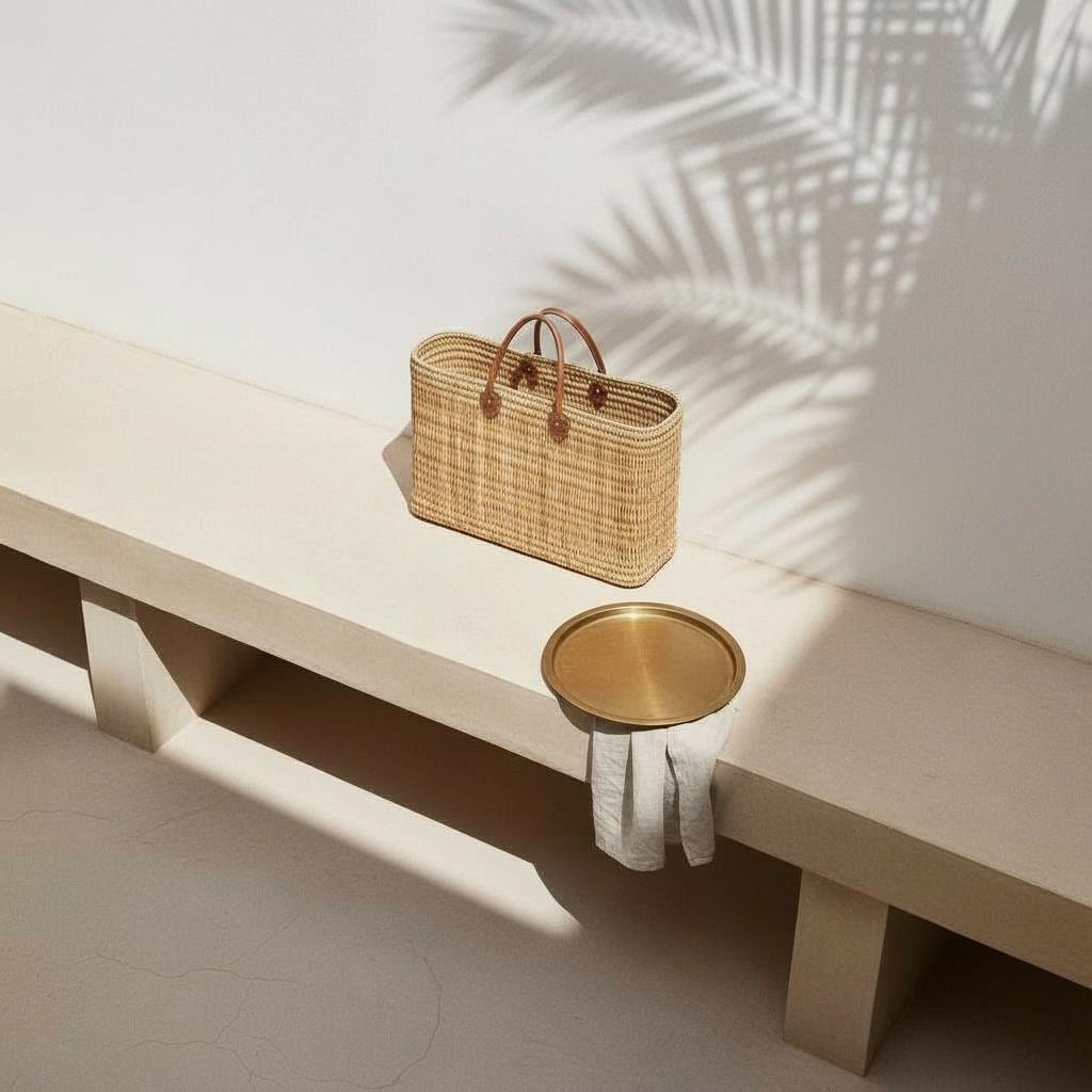 Handmade Moroccan Raffia Tote – Boho Beach Bag with Leather Handles