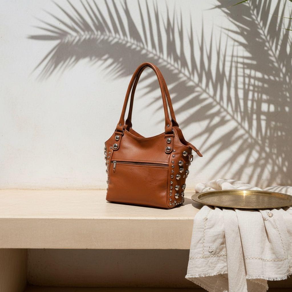 Handmade Moroccan Leather Tote – Brown Studded Boho Bag