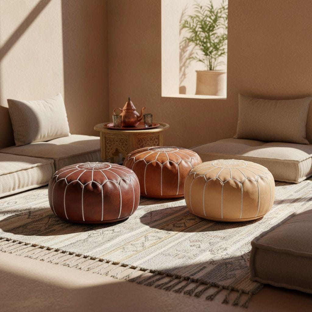 Moroccan Leather Pouf – Round Tan Brown Ottoman, Handmade Leather Floor Cushion, Boho Home Decor