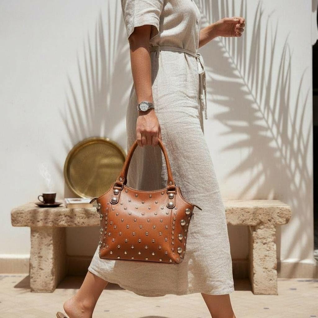 Handmade Moroccan Leather Tote – Brown Studded Boho Bag