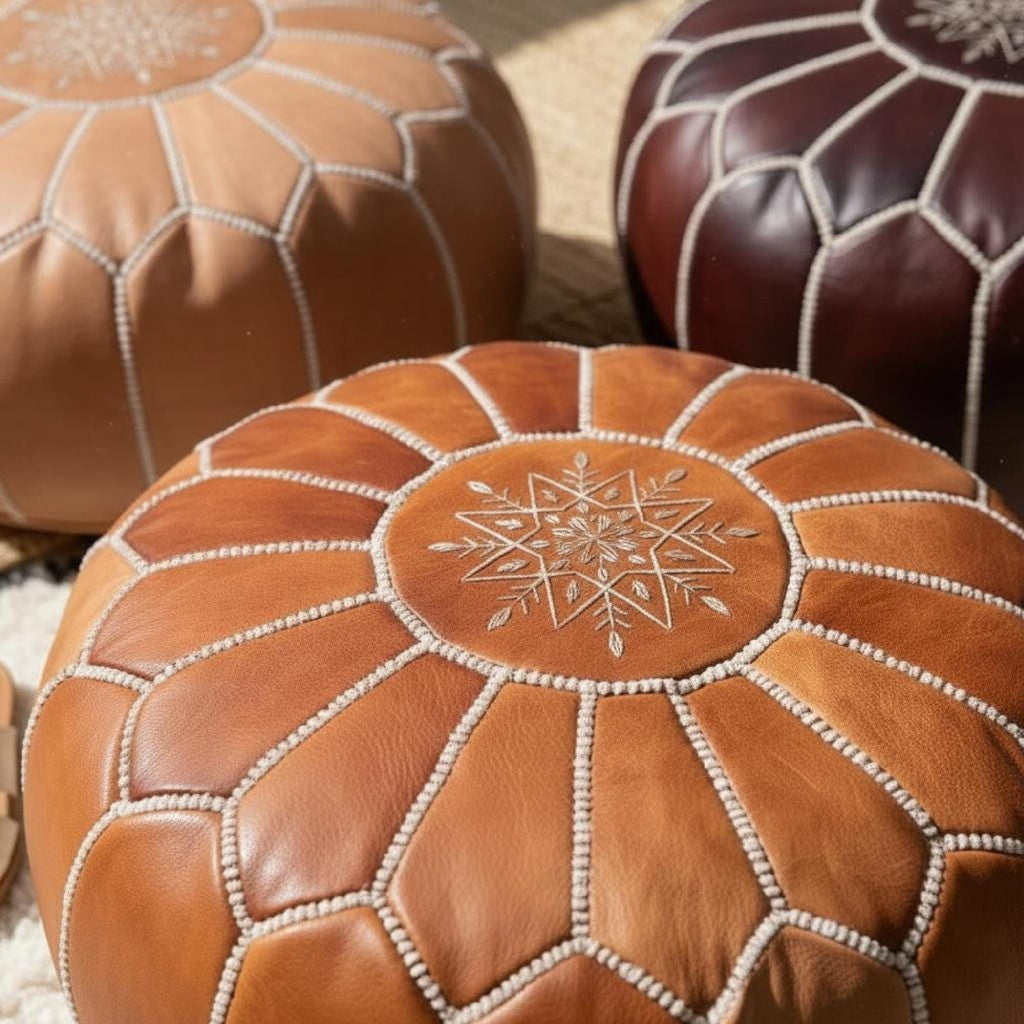 Handmade Moroccan Pouf Leather Ottoman Tan