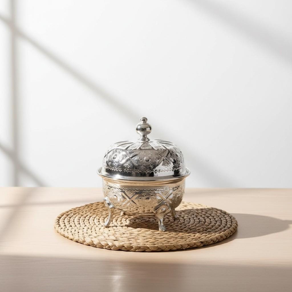 Handmade Moroccan Silver Sugar Bowl Set with Lid – Traditional Engraved Metal Decor
