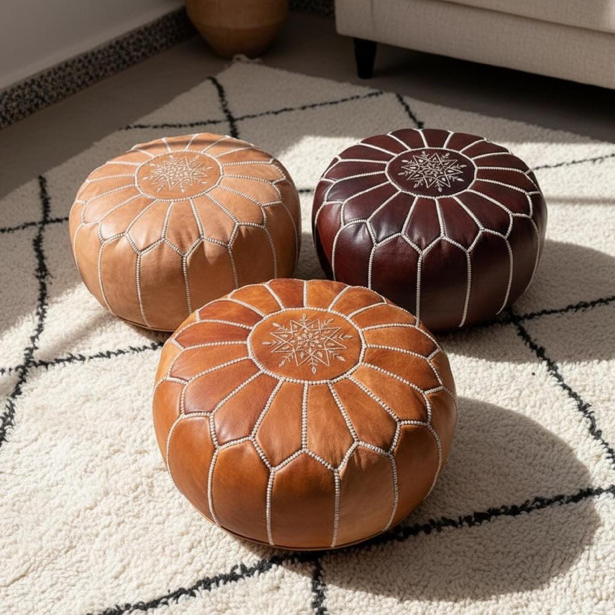 Handmade Moroccan Pouf Leather Ottoman Tan