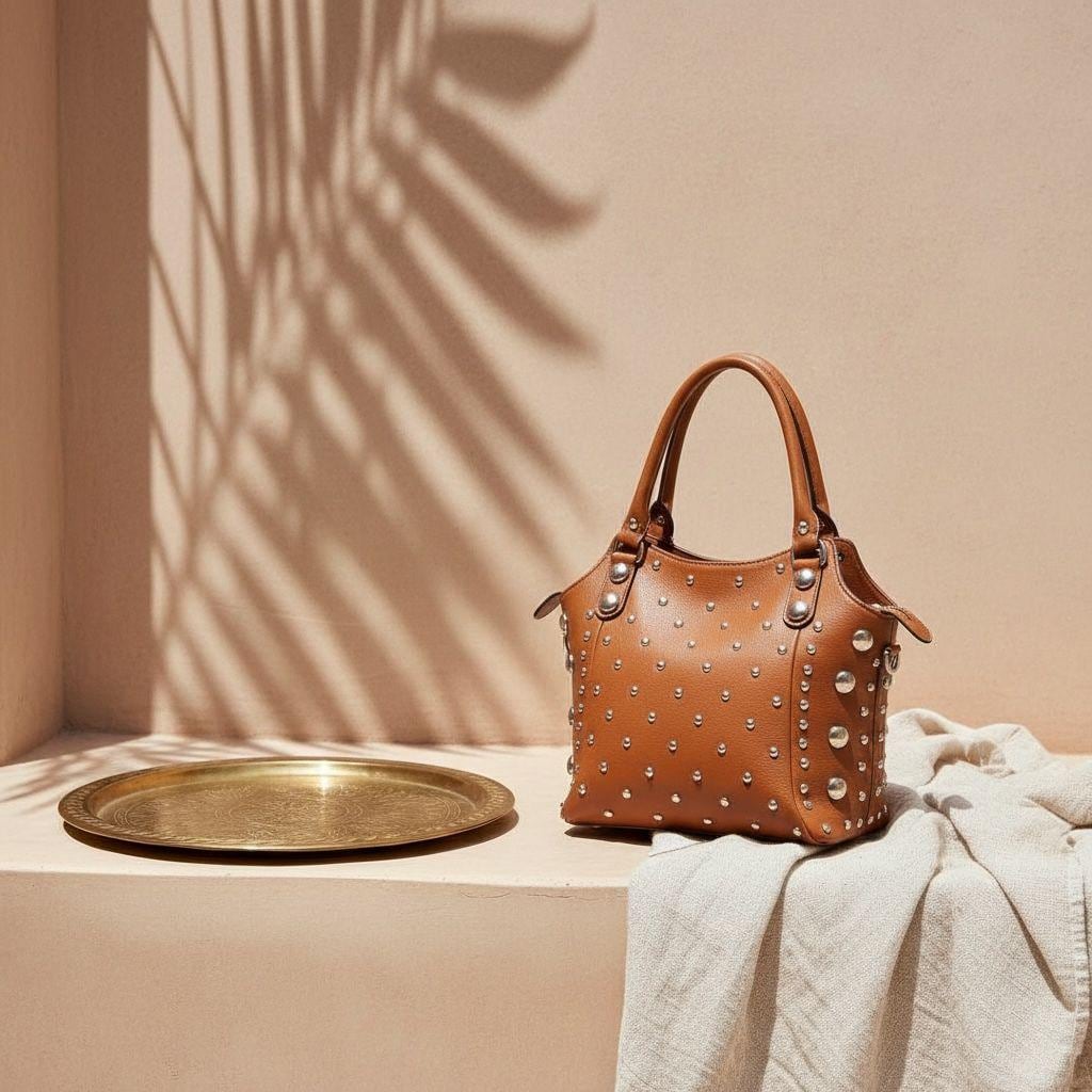 Handmade Moroccan Leather Tote – Brown Studded Boho Bag