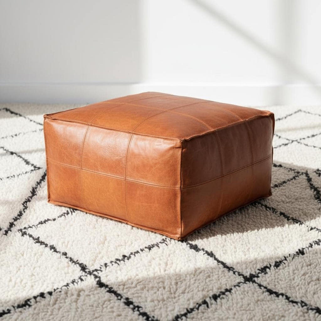 Leather Pouf Square Handmade Moroccan Ottoman
