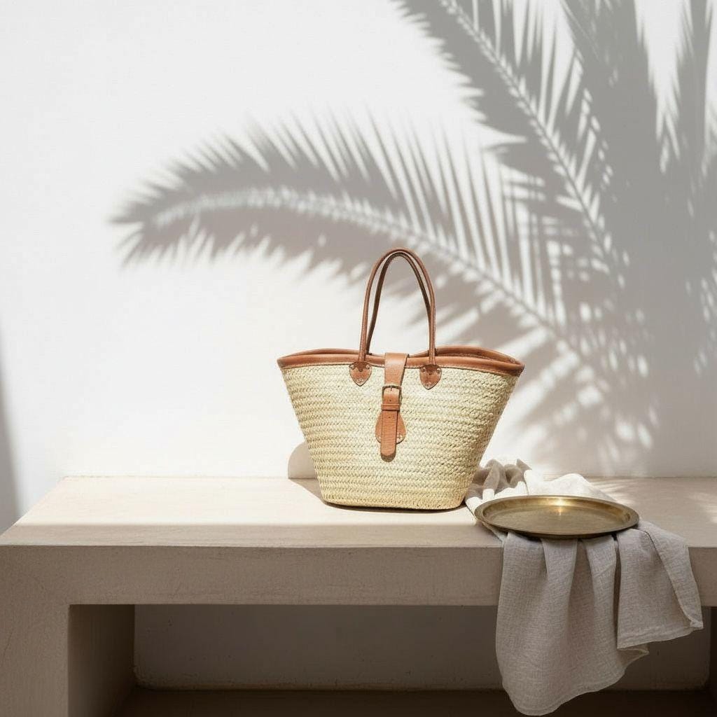 Handmade Moroccan Straw Tote – Raffia Beach Bag with Leather Handles
