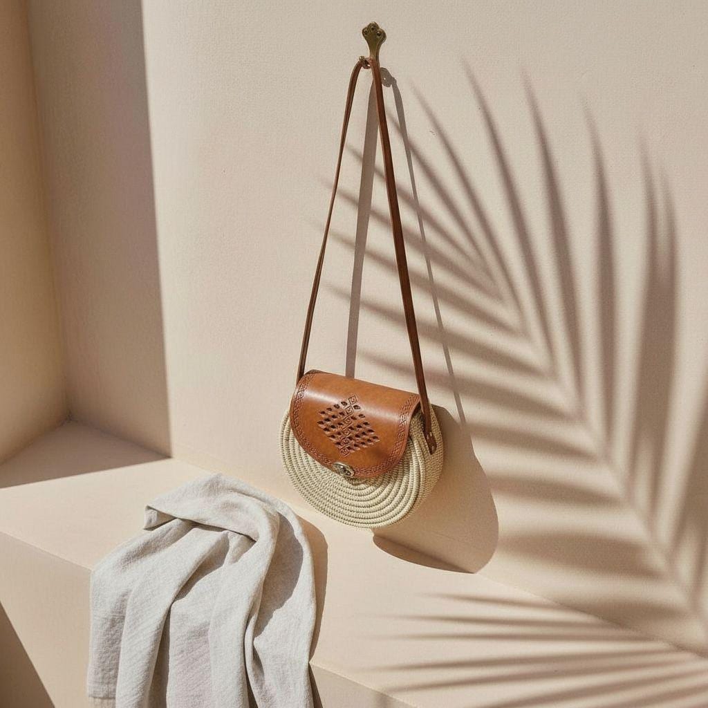 Handmade Moroccan Raffia Circle Bag – Leather Crossbody Satchel