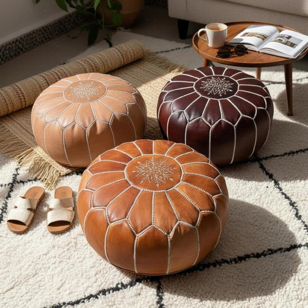 Handmade Moroccan Pouf Leather Ottoman Tan