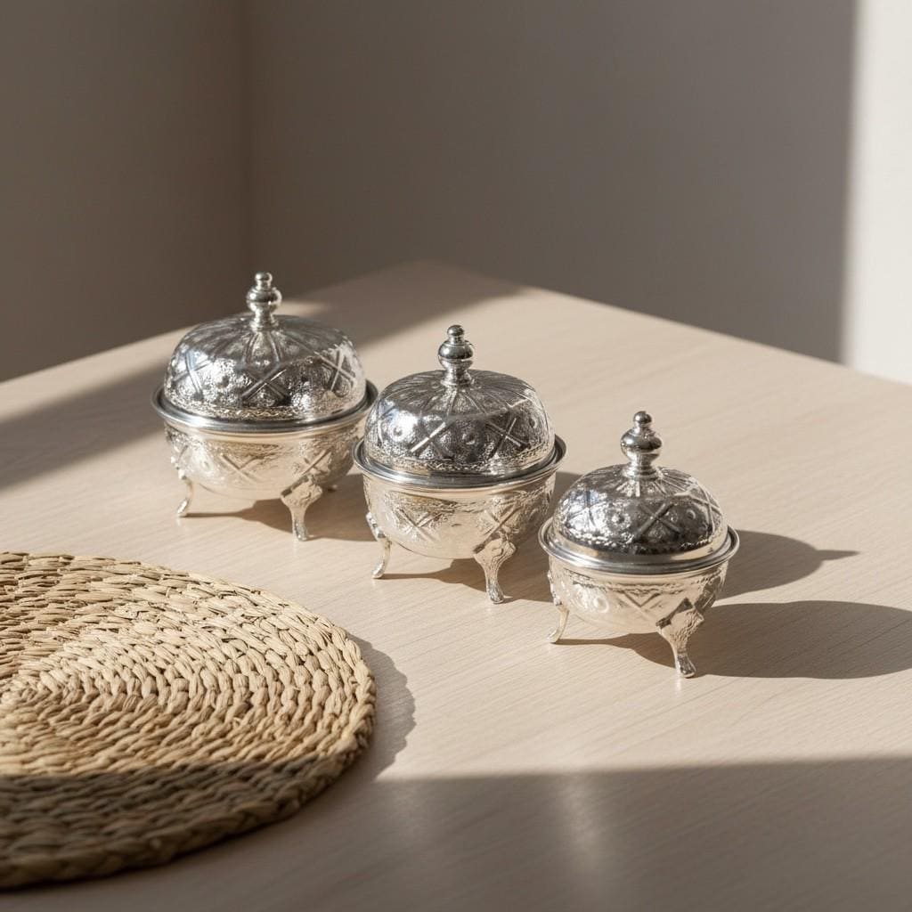 Handmade Moroccan Silver Sugar Bowl Set with Lid – Traditional Engraved Metal Decor