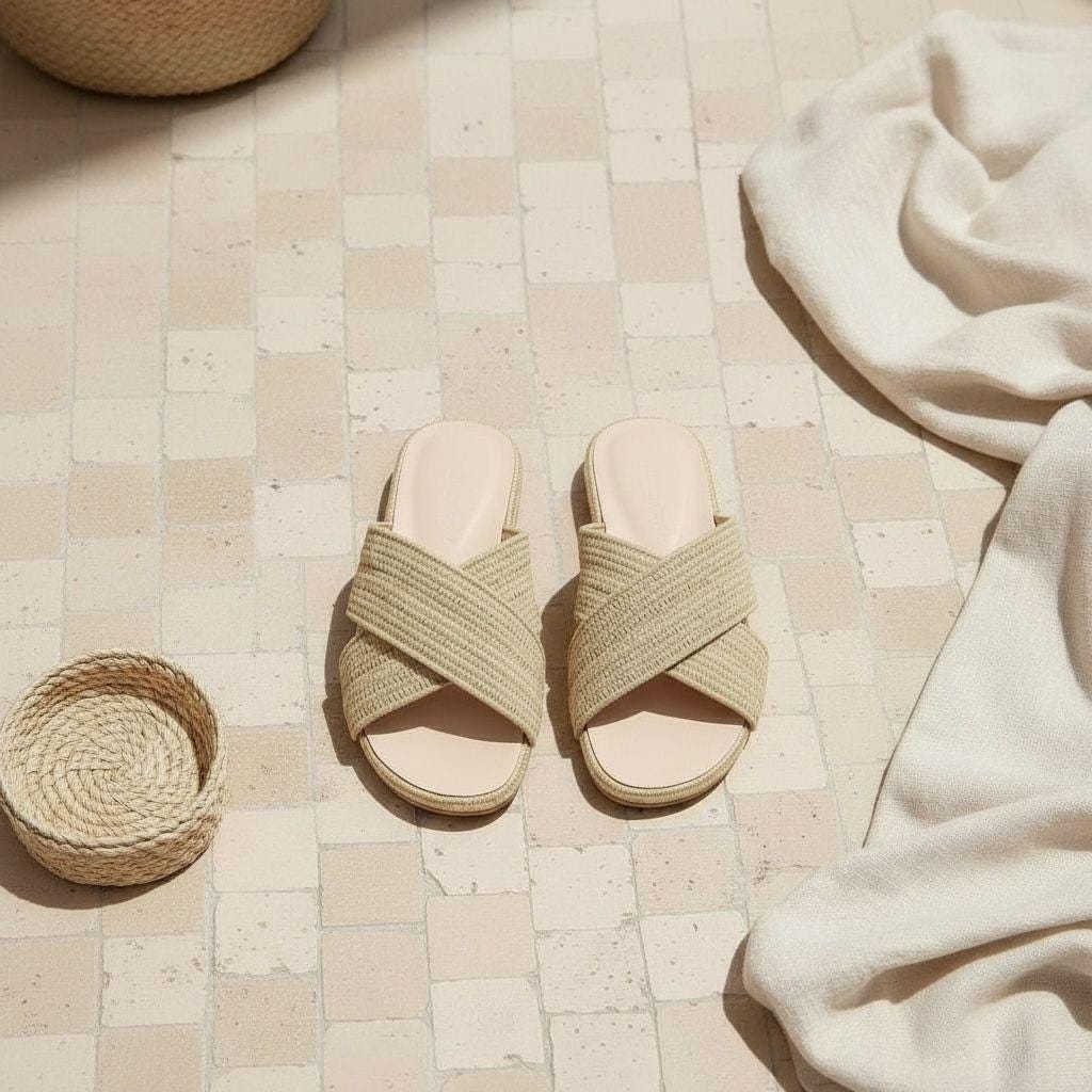 Handmade Raffia Slide Sandals, Boho Beach Footwear