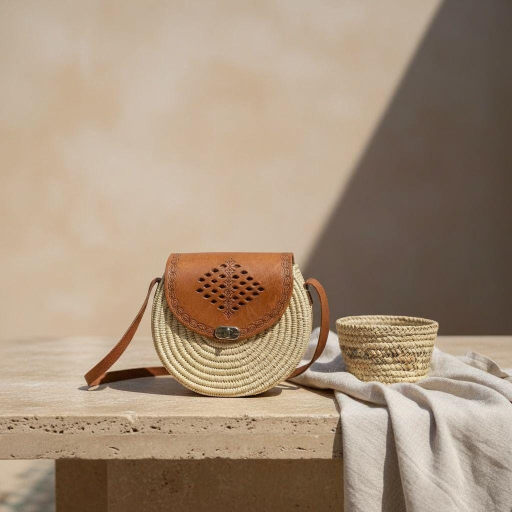 Handmade Moroccan Raffia Circle Bag – Leather Crossbody Satchel