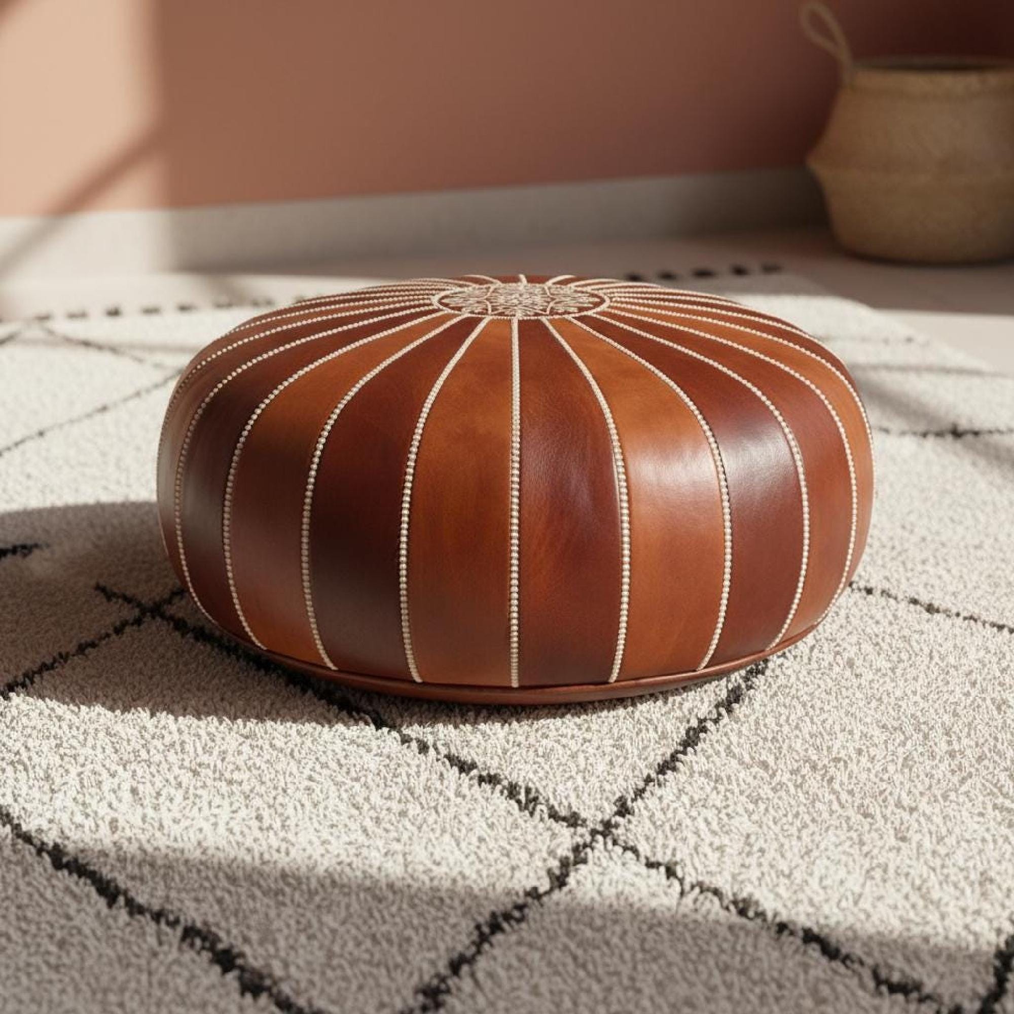 Large Moroccan Leather Pouf Ottoman Cover