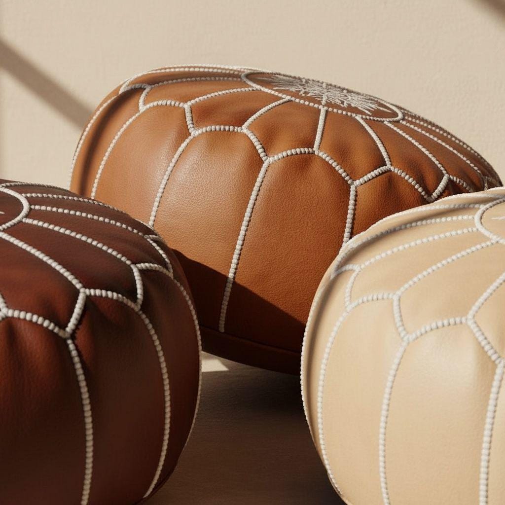 Moroccan Leather Pouf – Round Tan Brown Ottoman, Handmade Leather Floor Cushion, Boho Home Decor