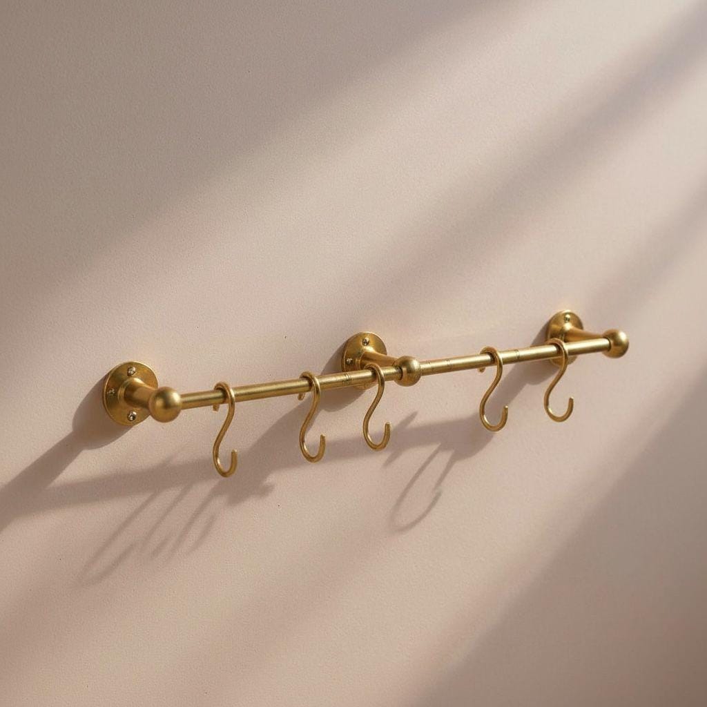 Handmade Unlacquered Brass Pot Rail – Farmhouse Kitchen Rack with Hooks