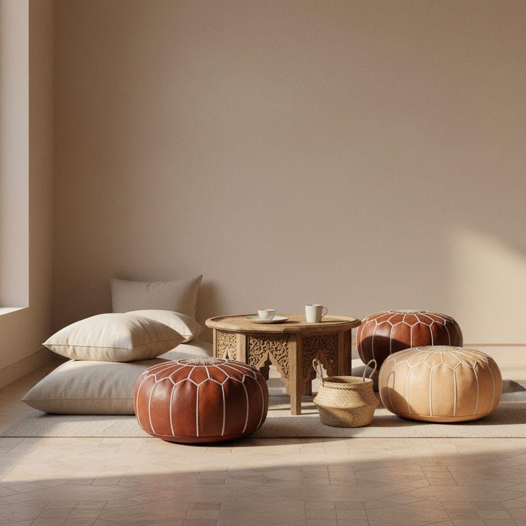 Moroccan Leather Pouf – Round Tan Brown Ottoman, Handmade Leather Floor Cushion, Boho Home Decor