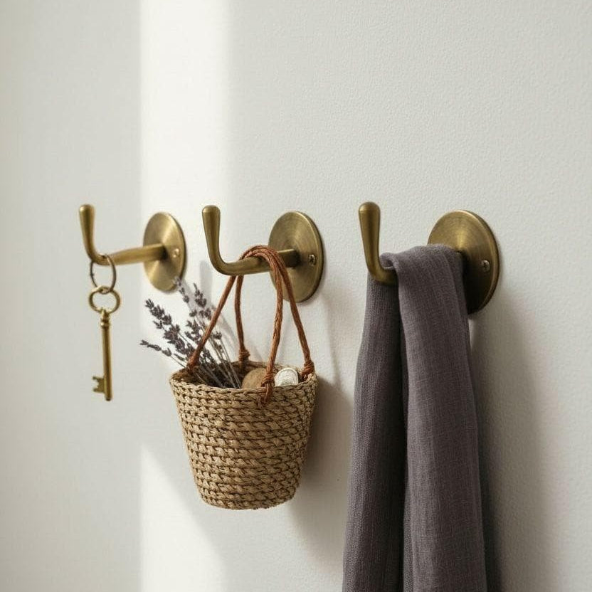 Vintage Unlacquered Brass Robe Hook Set – Rustic Wall Mounted Hardware