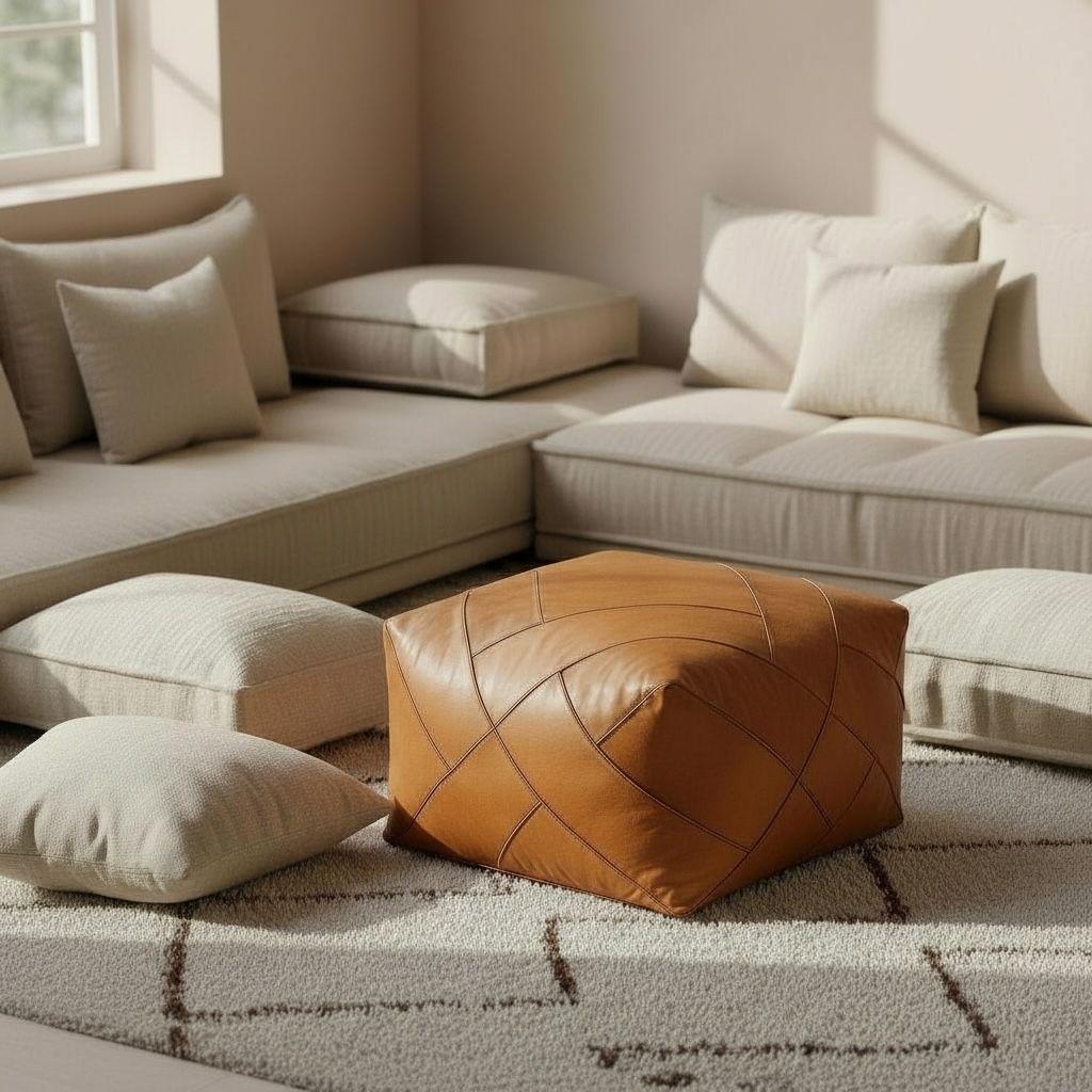 Handmade Moroccan Leather Pouf – Square Boho Footstool