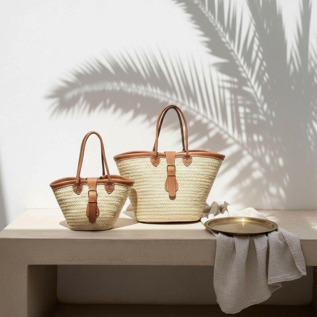 Handmade Moroccan Straw Tote – Raffia Beach Bag with Leather Handles
