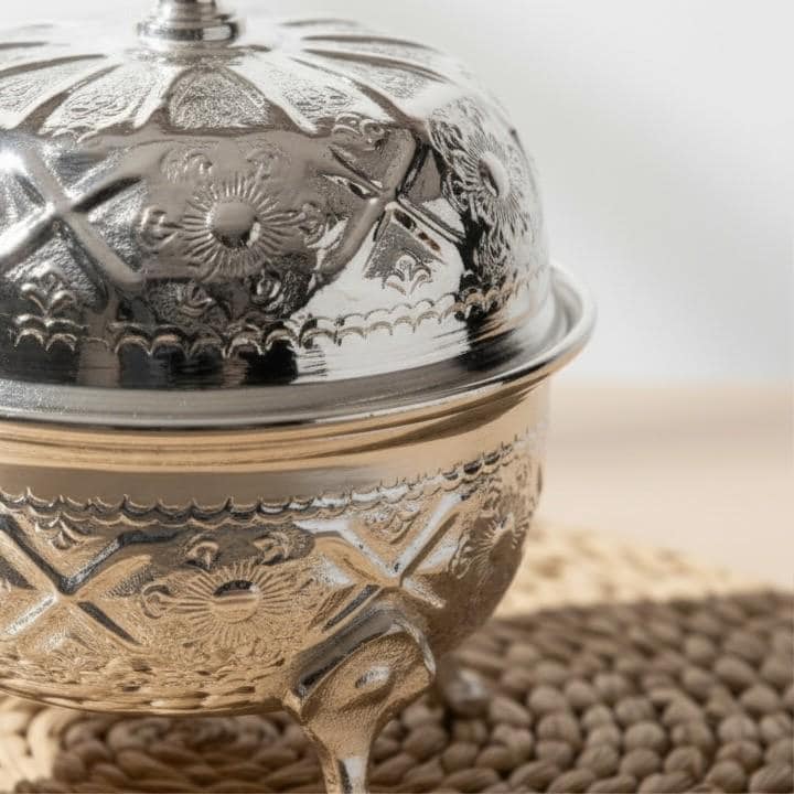 Handmade Moroccan Silver Sugar Bowl Set with Lid – Traditional Engraved Metal Decor