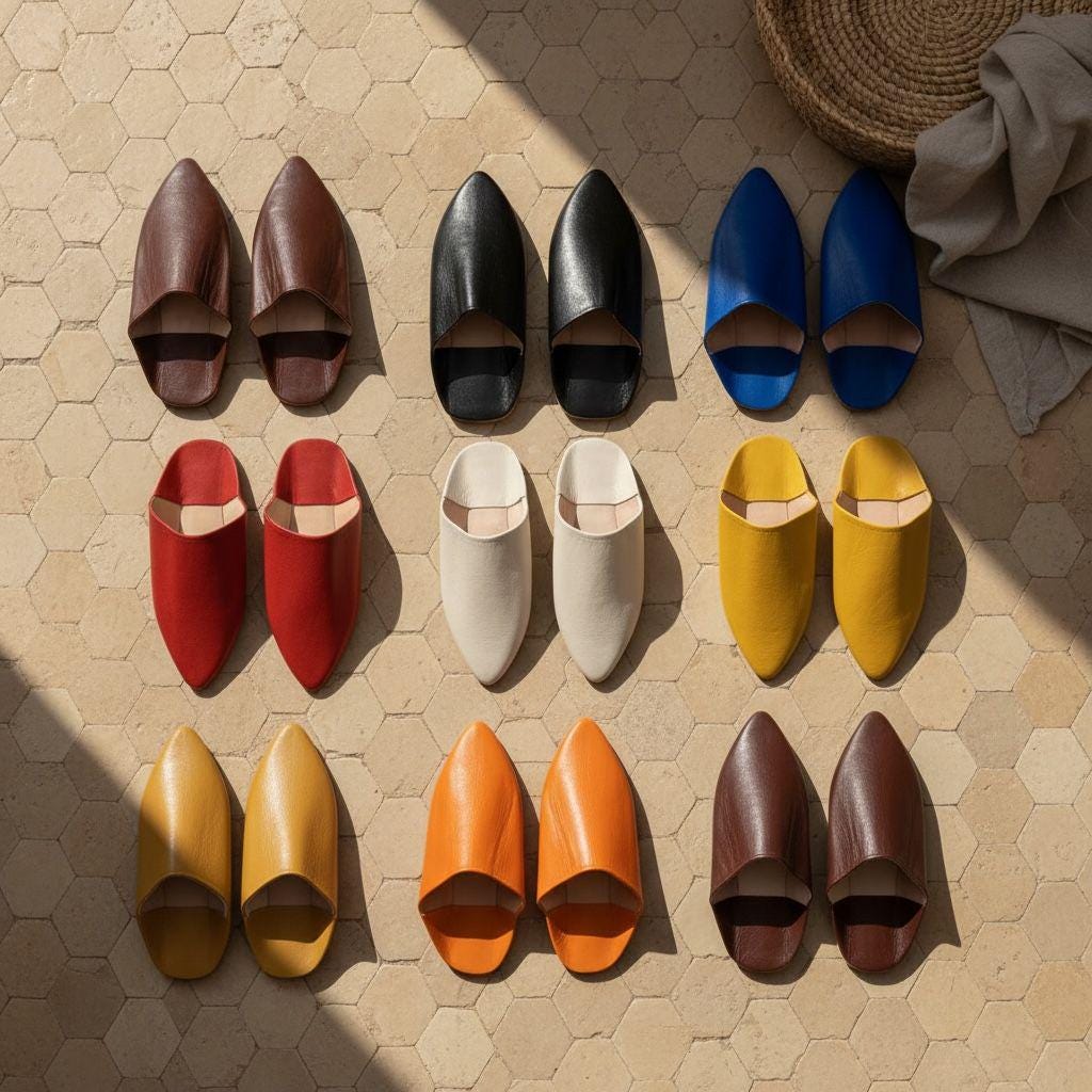 Moroccan Leather Babouche Slippers – Handmade Belgha Shoes