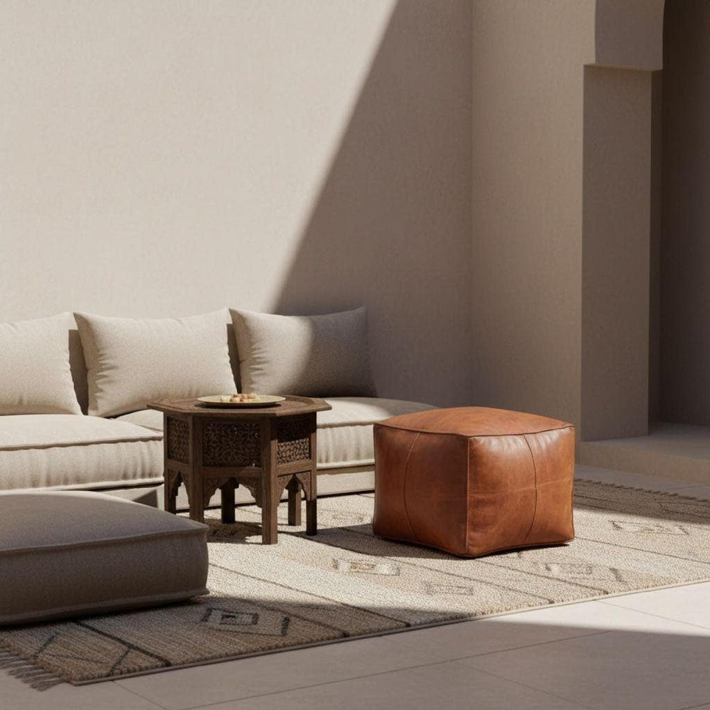 Leather Pouf Square Handmade Moroccan Ottoman