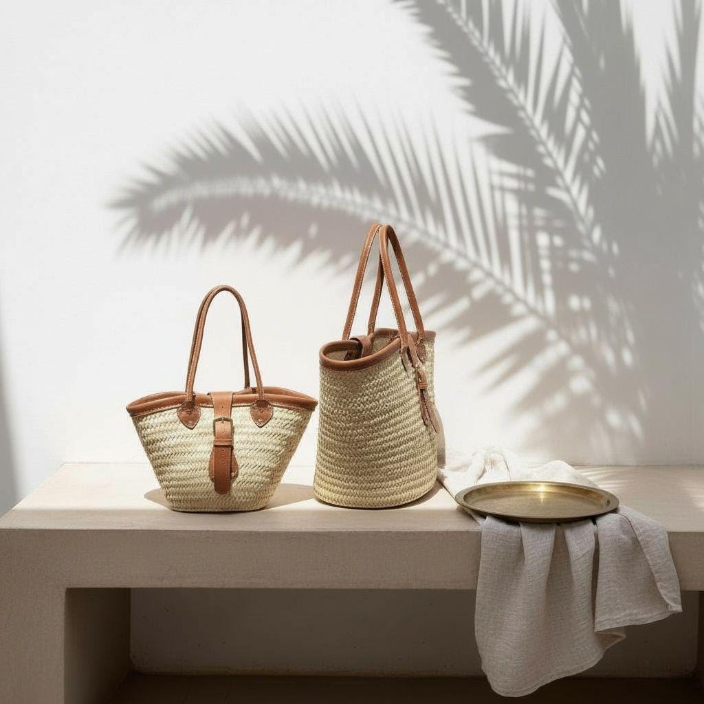 Handmade Moroccan Straw Tote – Raffia Beach Bag with Leather Handles