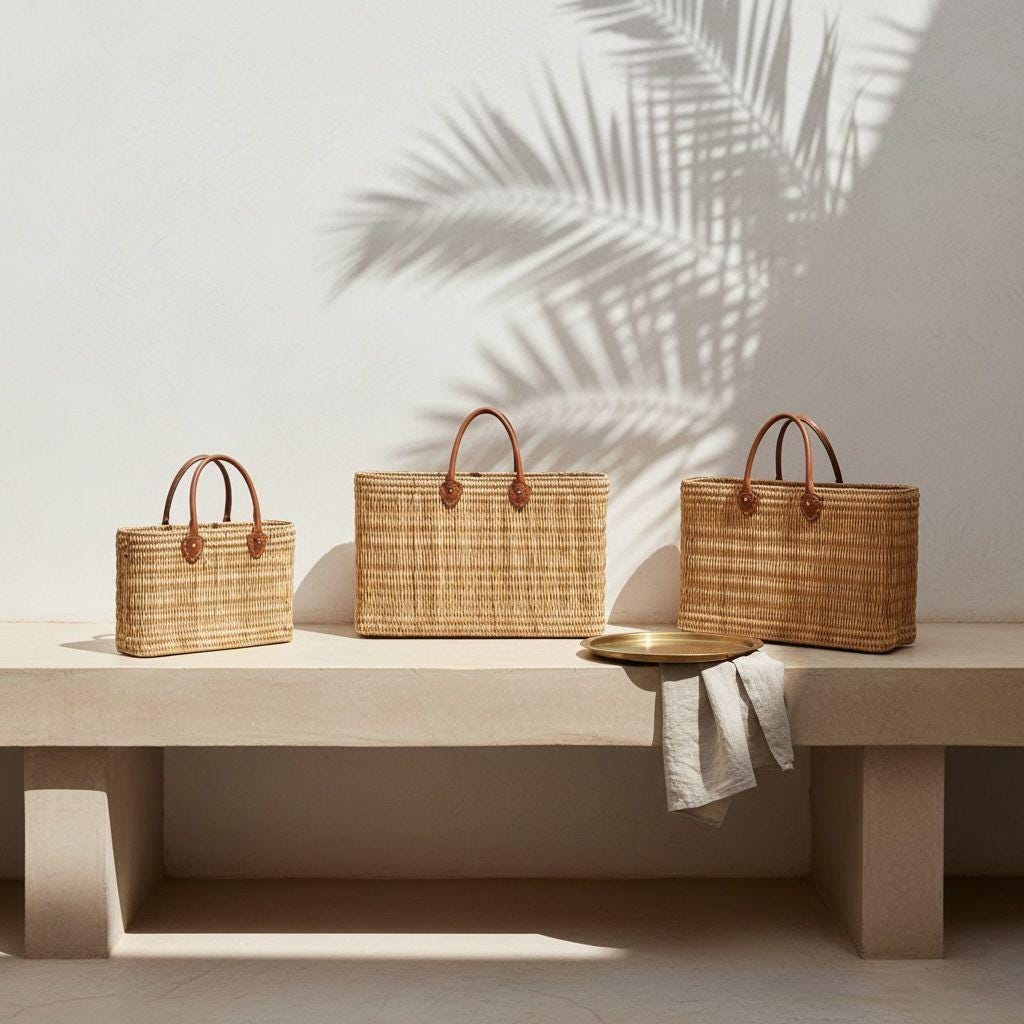 Handmade Moroccan Raffia Tote – Boho Beach Bag with Leather Handles