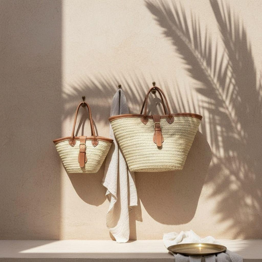 Handmade Moroccan Straw Tote – Raffia Beach Bag with Leather Handles