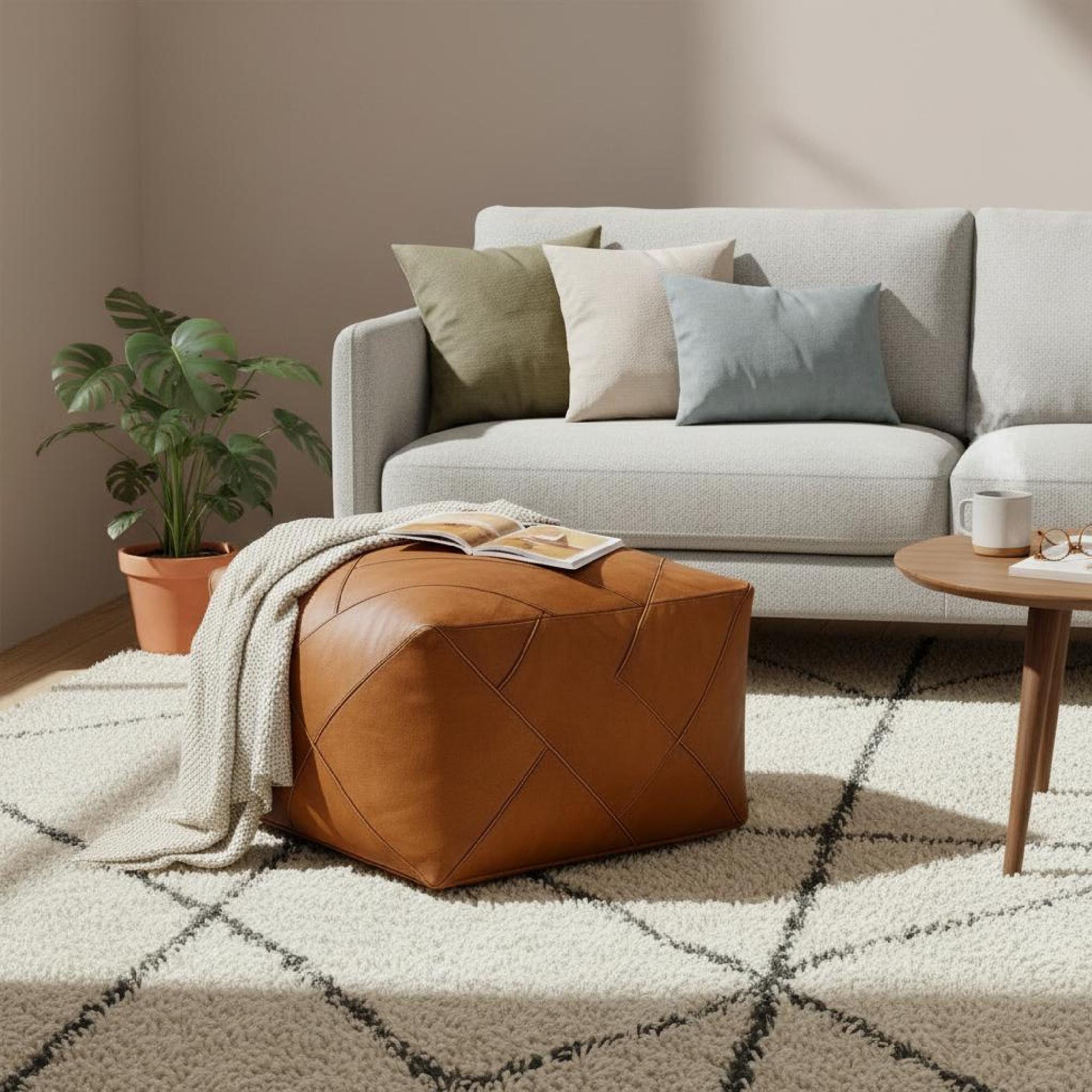 Leather Pouf Square Brown Moroccan Floor Cushion