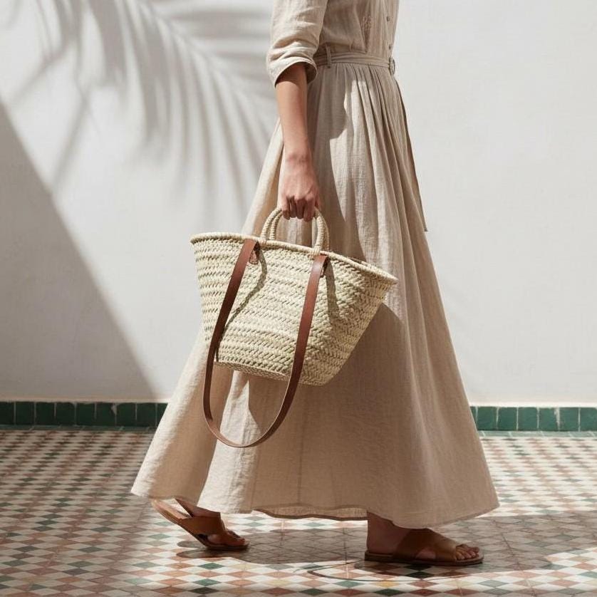 Handmade Moroccan Straw Tote – Raffia Beach Bag with Leather Handles