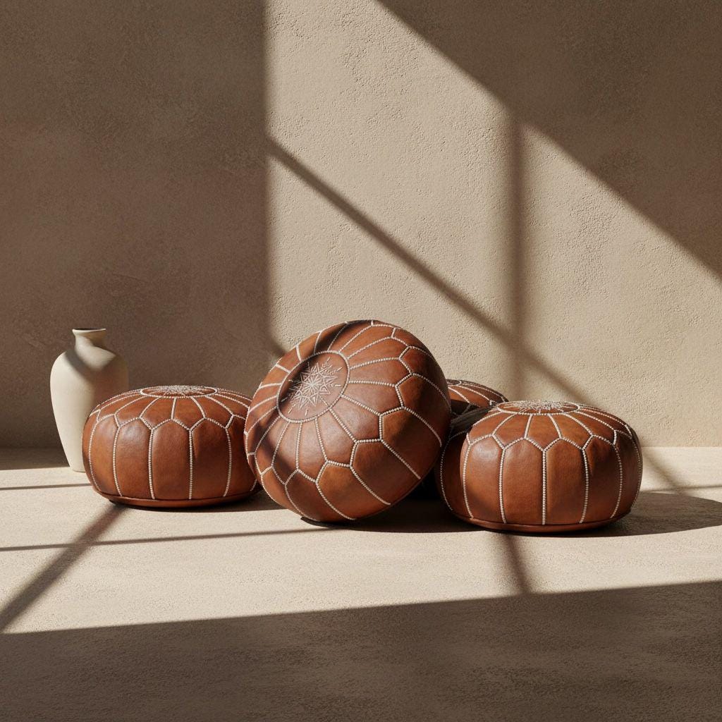 Moroccan Leather Pouf – Round Tan Brown Ottoman, Handmade Leather Floor Cushion, Boho Home Decor