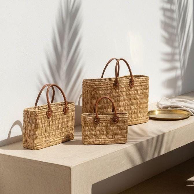 Handmade Moroccan Raffia Tote – Boho Beach Bag with Leather Handles