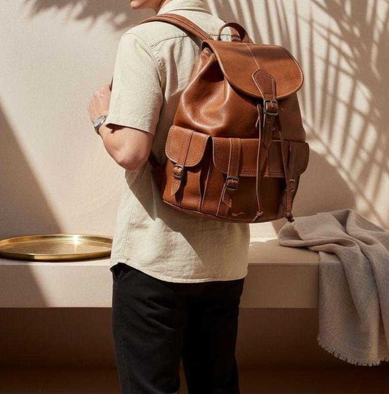 Handmade Goatskin Leather Backpack – Vintage Moroccan Travel Bag