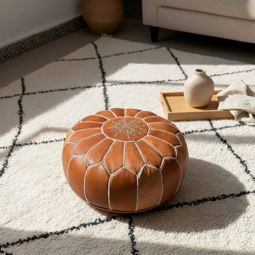 Handmade Moroccan Pouf Leather Ottoman Tan