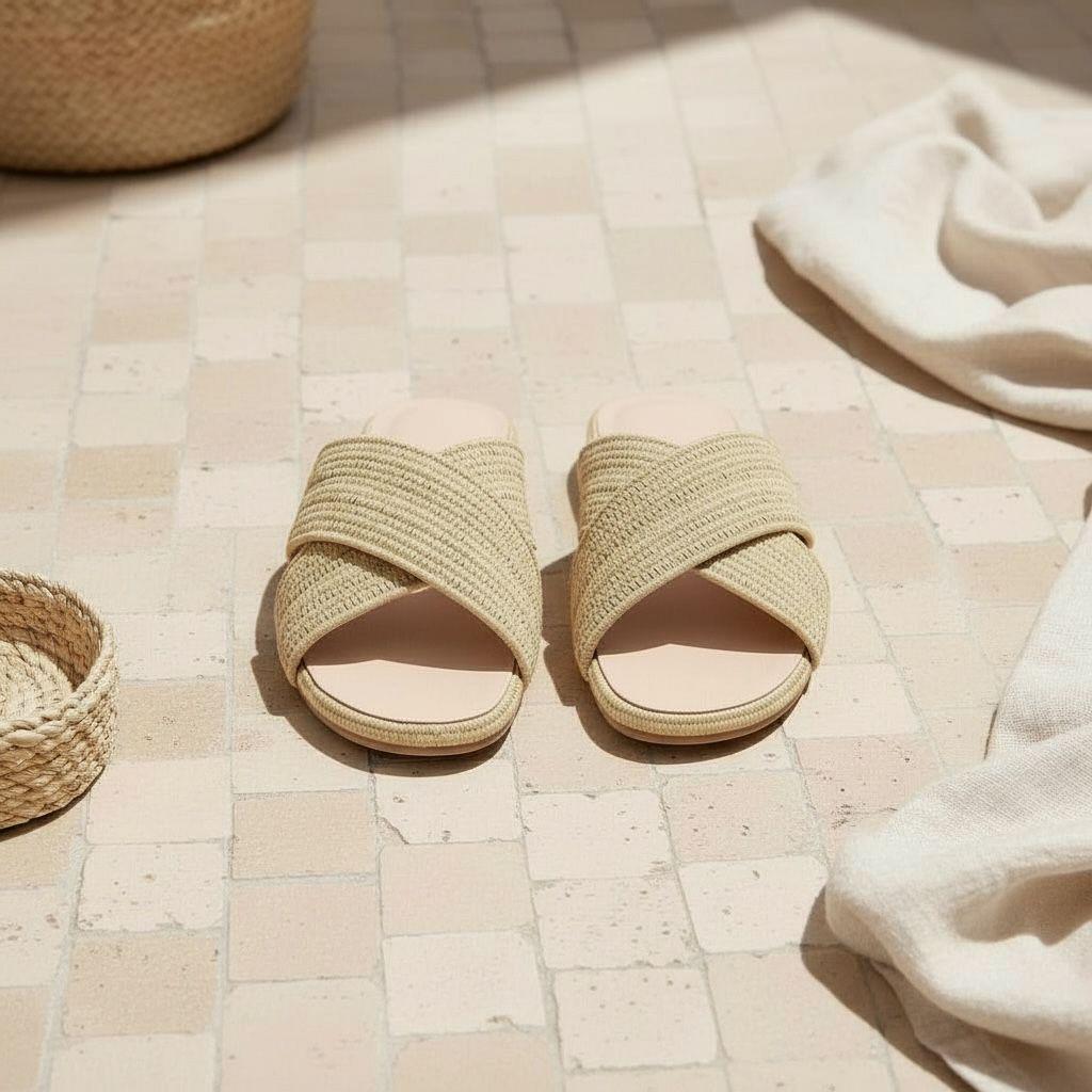 Handmade Raffia Slide Sandals, Boho Beach Footwear
