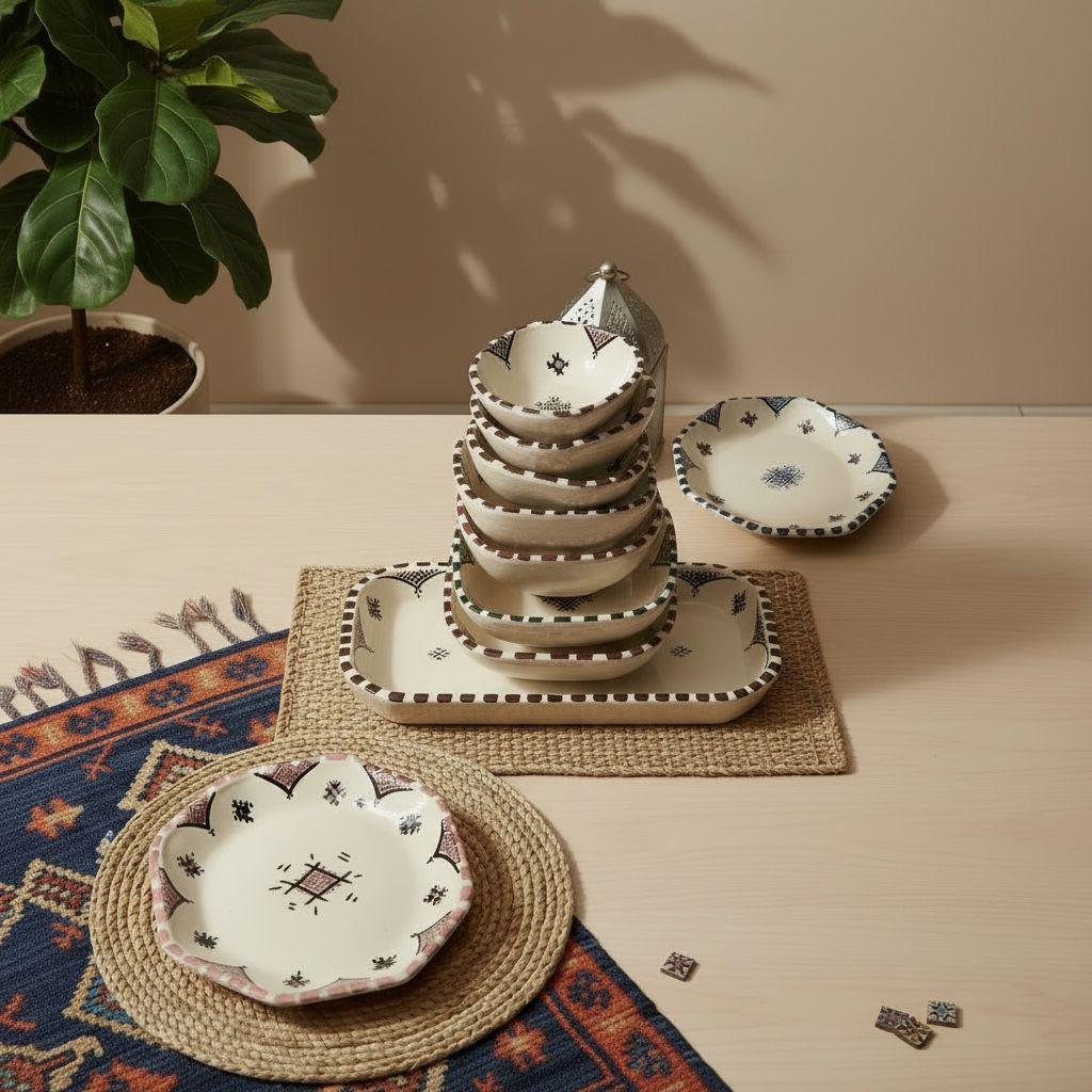 Handmade Moroccan Ceramic Serving Set – 7 Piece Berber Tableware Set, Hand-Painted Plates & Bowls